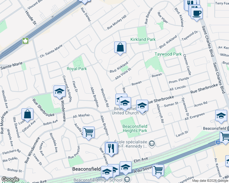 map of restaurants, bars, coffee shops, grocery stores, and more near 248 Hollis Road in Beaconsfield