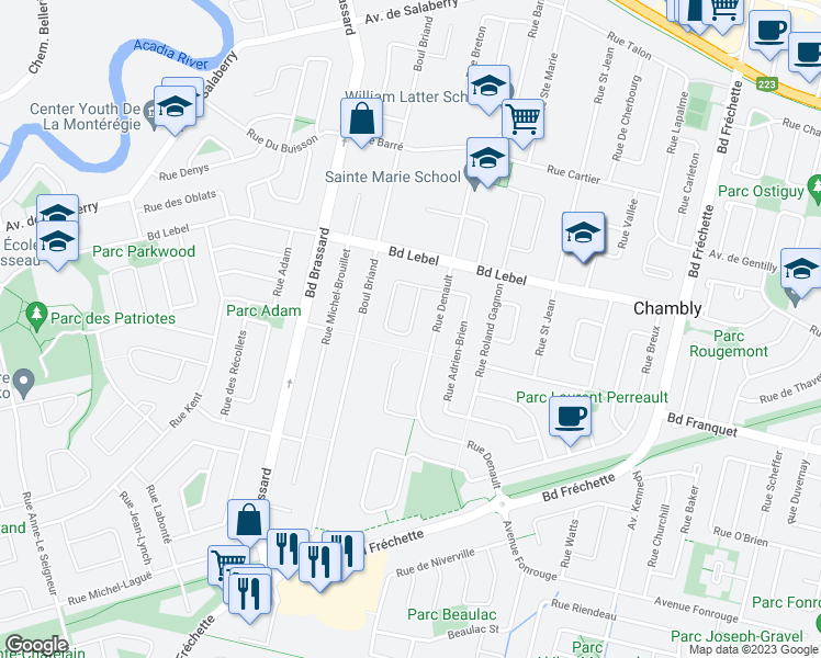 map of restaurants, bars, coffee shops, grocery stores, and more near Rue Zotique-Giard in Chambly
