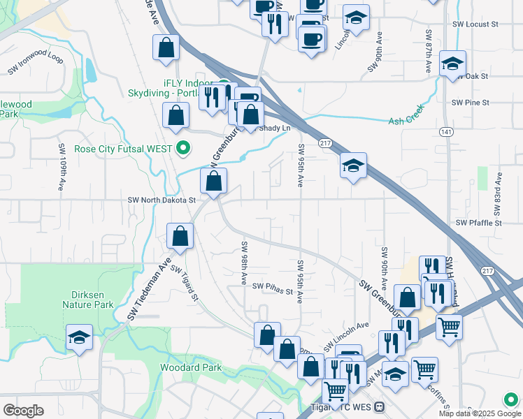 map of restaurants, bars, coffee shops, grocery stores, and more near 11345 Southwest 97th Court in Tigard