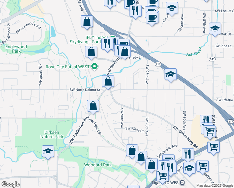 map of restaurants, bars, coffee shops, grocery stores, and more near 11400 Southwest Greenburg Road in Tigard