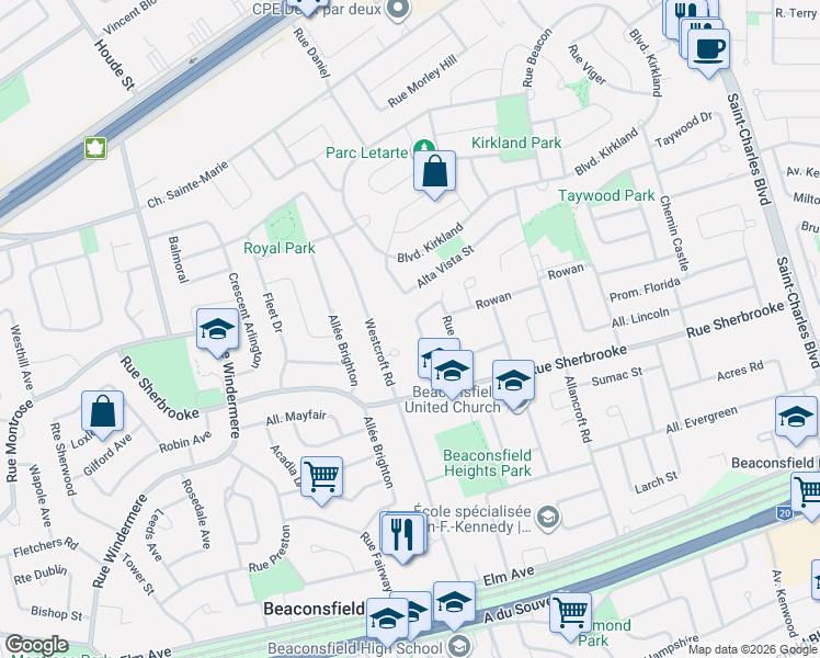 map of restaurants, bars, coffee shops, grocery stores, and more near 248 Hollis Road in Beaconsfield