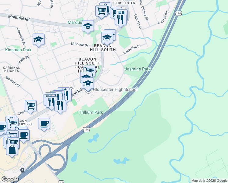 map of restaurants, bars, coffee shops, grocery stores, and more near 1958 Sutton Place in Ottawa