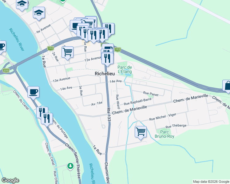 map of restaurants, bars, coffee shops, grocery stores, and more near 1427 Rue Ward in Richelieu