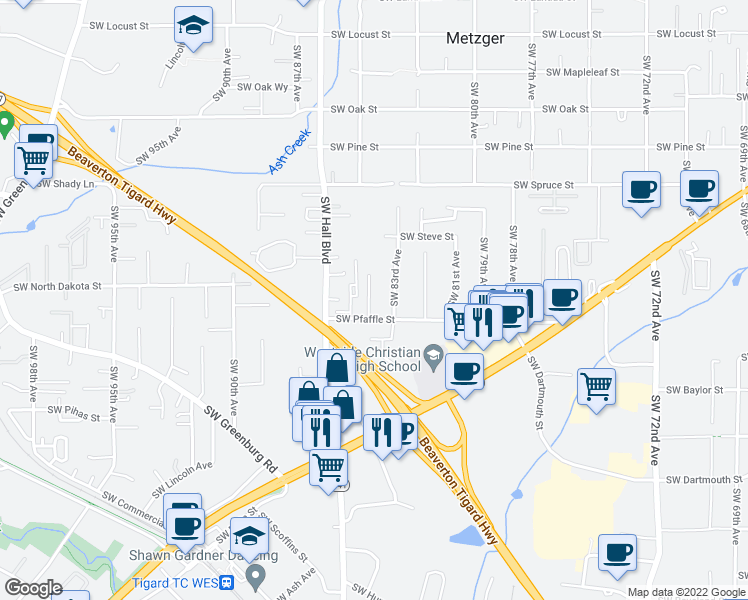 map of restaurants, bars, coffee shops, grocery stores, and more near 11246 Southwest 84th Avenue in Tigard