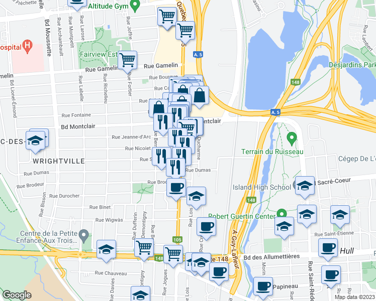 map of restaurants, bars, coffee shops, grocery stores, and more near 290 Boulevard Saint-Joseph in Gatineau