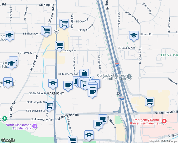 map of restaurants, bars, coffee shops, grocery stores, and more near 8719 Southeast Monterey Avenue in Happy Valley