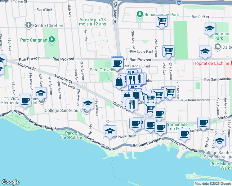 map of restaurants, bars, coffee shops, grocery stores, and more near 540 33e Avenue in Montréal