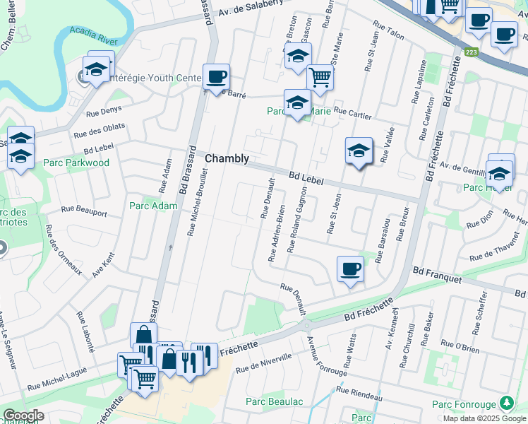 map of restaurants, bars, coffee shops, grocery stores, and more near Rue Denault in Chambly