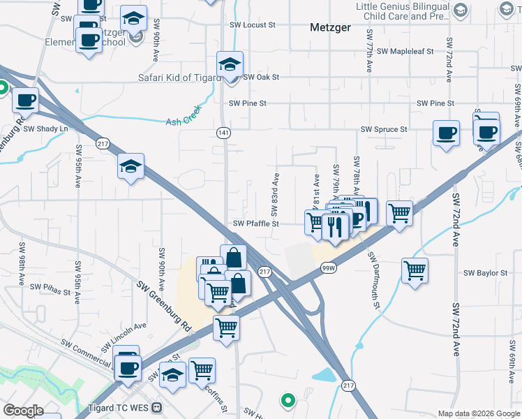map of restaurants, bars, coffee shops, grocery stores, and more near 8388 Southwest Pfaffle Street in Portland