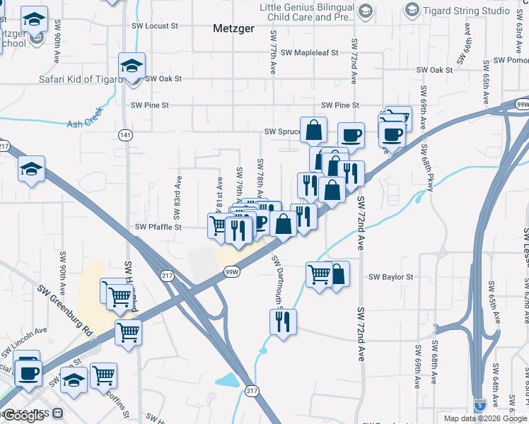 map of restaurants, bars, coffee shops, grocery stores, and more near 11250 Southwest 78th Avenue in Tigard