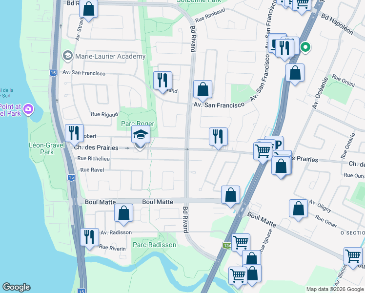 map of restaurants, bars, coffee shops, grocery stores, and more near 9230 Boulevard Rivard in Brossard