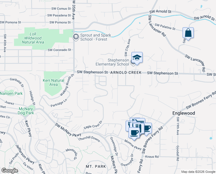 map of restaurants, bars, coffee shops, grocery stores, and more near 21 Oriole Lane in Lake Oswego
