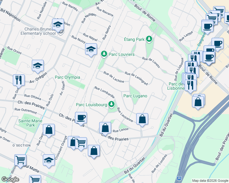 map of restaurants, bars, coffee shops, grocery stores, and more near 4100 Rue de Louviers in Brossard