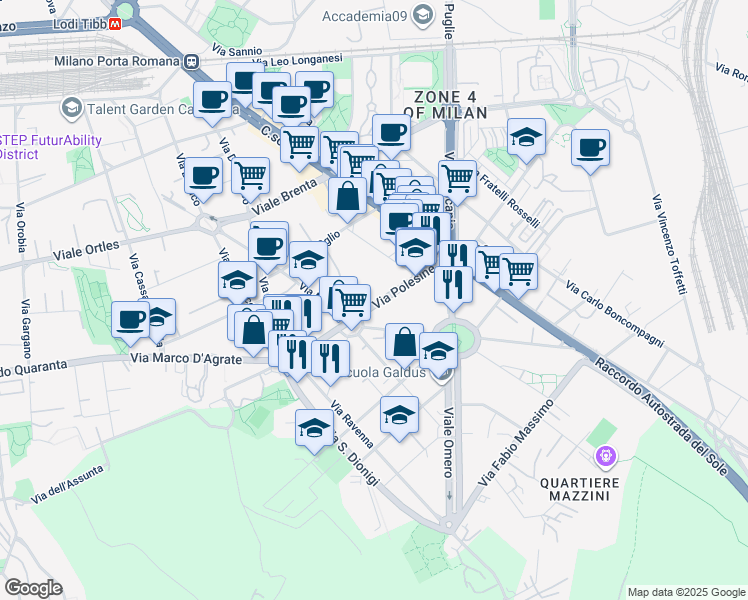 map of restaurants, bars, coffee shops, grocery stores, and more near 13 Via Polesine in Milano