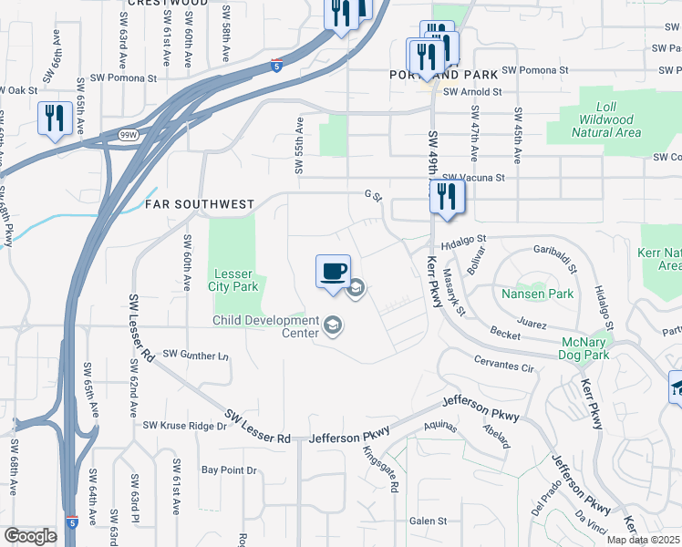 map of restaurants, bars, coffee shops, grocery stores, and more near 12000 Southwest 49th Avenue in Portland
