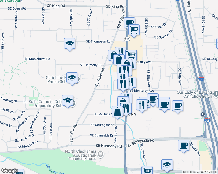 map of restaurants, bars, coffee shops, grocery stores, and more near 11691 Southeast 82nd Avenue in Portland