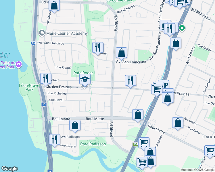 map of restaurants, bars, coffee shops, grocery stores, and more near 1450 Chemin des Prairies in Brossard