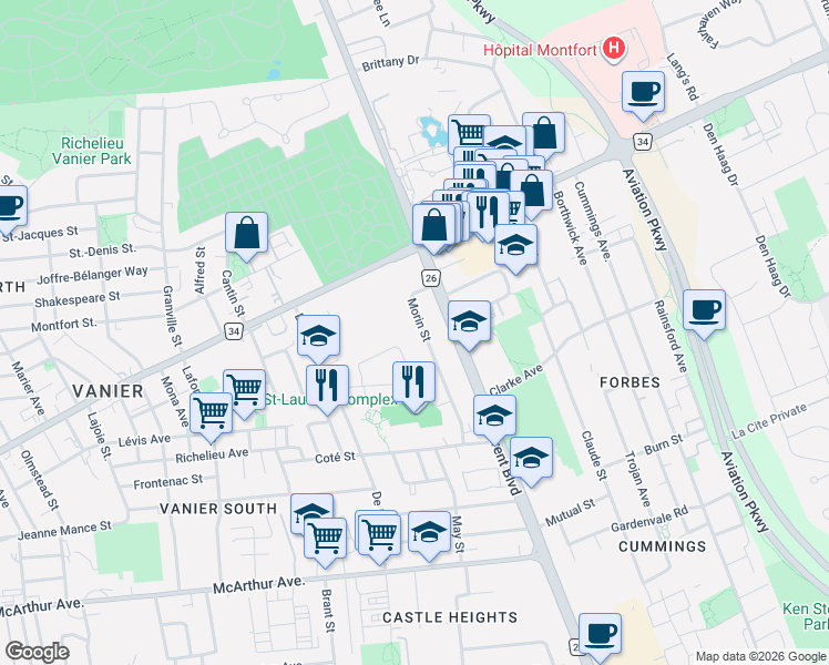 map of restaurants, bars, coffee shops, grocery stores, and more near 678 Morin Street in Ottawa