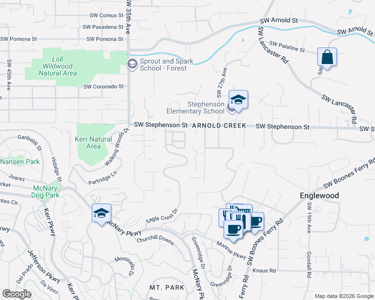 map of restaurants, bars, coffee shops, grocery stores, and more near 21 Oriole Lane in Lake Oswego