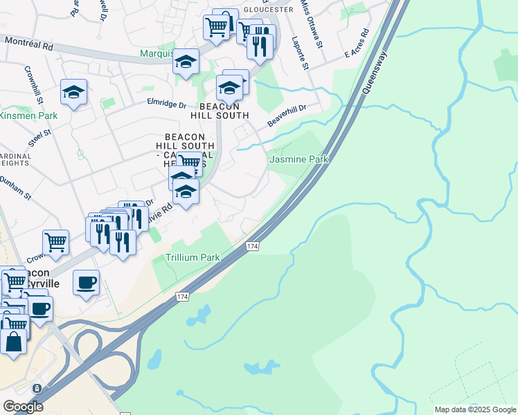 map of restaurants, bars, coffee shops, grocery stores, and more near 2000 Jasmine Crescent in Ottawa