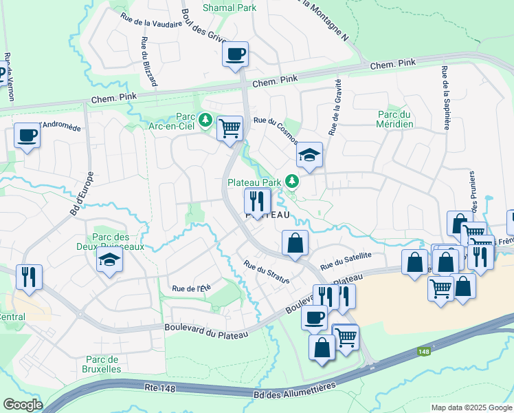 map of restaurants, bars, coffee shops, grocery stores, and more near 57 Rue du Firmament in Gatineau