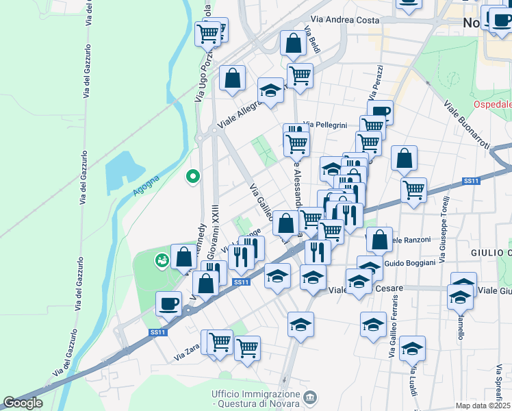 map of restaurants, bars, coffee shops, grocery stores, and more near 32 Via Lagrange in Novara