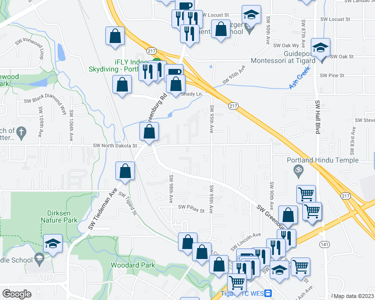 map of restaurants, bars, coffee shops, grocery stores, and more near 9714 Southwest North Dakota Street in Tigard