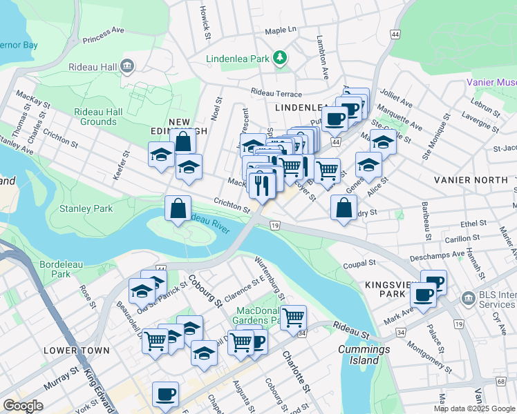 map of restaurants, bars, coffee shops, grocery stores, and more near 5 Beechwood Avenue in Ottawa