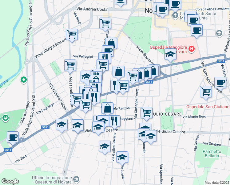 map of restaurants, bars, coffee shops, grocery stores, and more near 33 Viale Roma in Novara