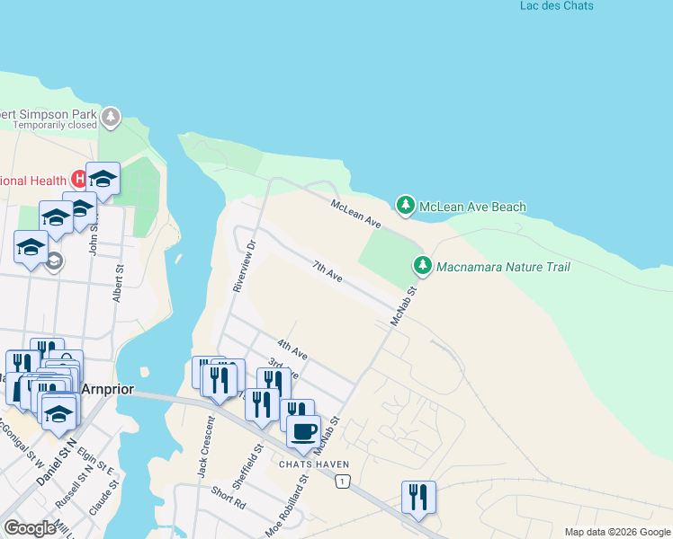 map of restaurants, bars, coffee shops, grocery stores, and more near 76 7th Avenue in Arnprior