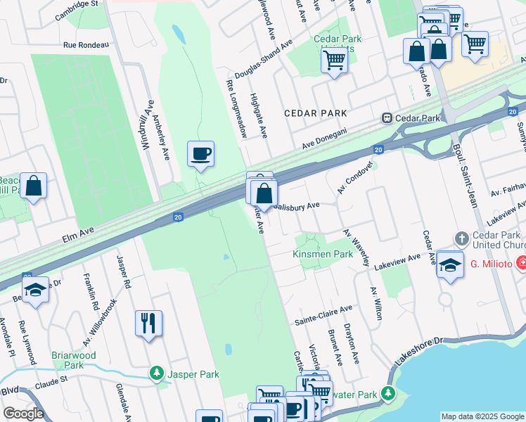 map of restaurants, bars, coffee shops, grocery stores, and more near 187 Avenue Cartier in Pointe-Claire