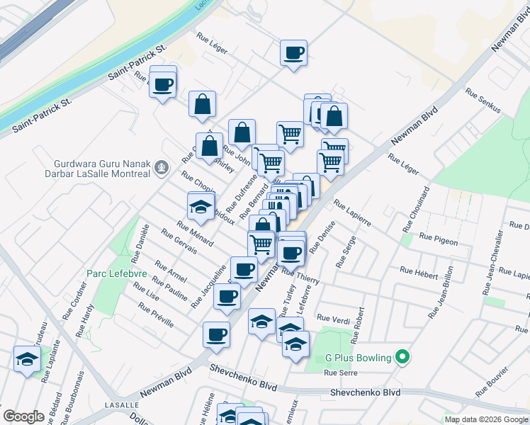map of restaurants, bars, coffee shops, grocery stores, and more near Rue Renée in Montréal