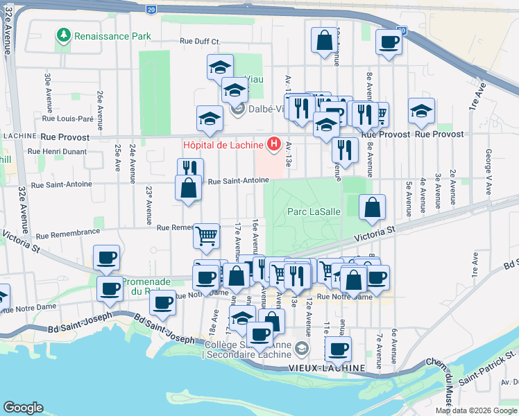 map of restaurants, bars, coffee shops, grocery stores, and more near 532 16e Avenue in Montréal