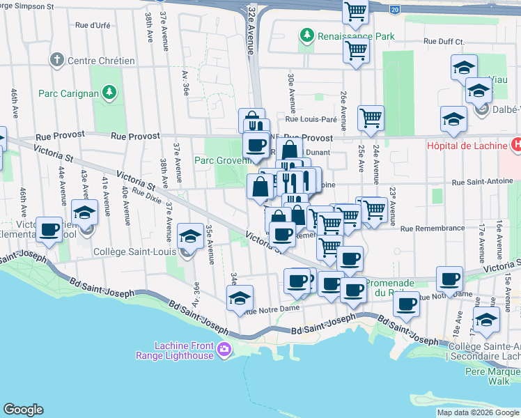 map of restaurants, bars, coffee shops, grocery stores, and more near 505 32e Avenue in Montréal