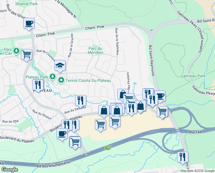 map of restaurants, bars, coffee shops, grocery stores, and more near 22 Rue de l'Apogée in Gatineau