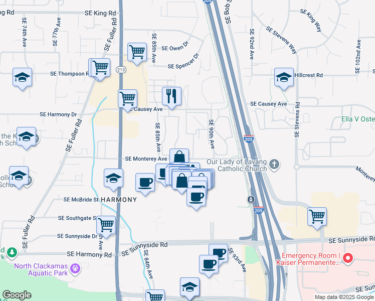 map of restaurants, bars, coffee shops, grocery stores, and more near 8800 Southeast Causey Loop in Happy Valley