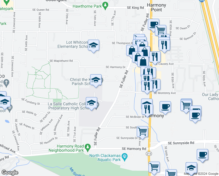 map of restaurants, bars, coffee shops, grocery stores, and more near 7688 Southeast Michael Drive in Portland