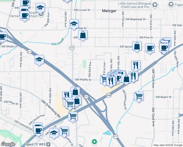 map of restaurants, bars, coffee shops, grocery stores, and more near 11125 Southwest 82nd Avenue in Tigard