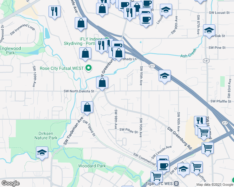 map of restaurants, bars, coffee shops, grocery stores, and more near 11200 Southwest Greenburg Road in Portland