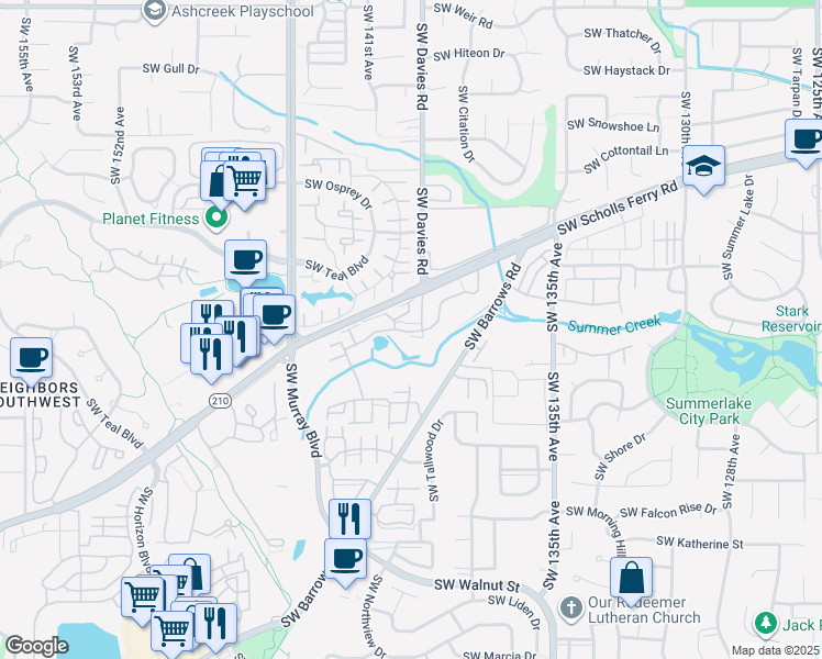 map of restaurants, bars, coffee shops, grocery stores, and more near 11153 Southwest Davies Road in Beaverton
