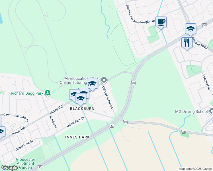 map of restaurants, bars, coffee shops, grocery stores, and more near 2642 Cléroux Crescent in Ottawa