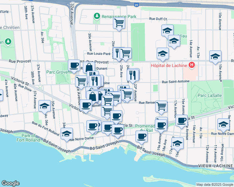 map of restaurants, bars, coffee shops, grocery stores, and more near 2591 Croissant de Holon in Montréal