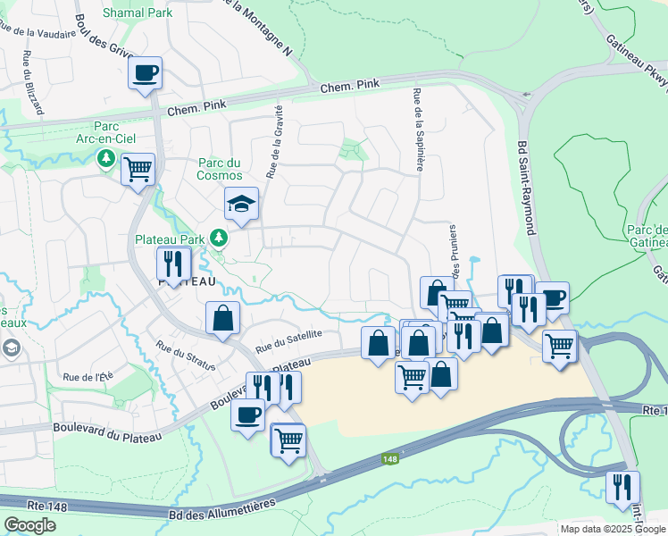 map of restaurants, bars, coffee shops, grocery stores, and more near 27 Rue de l'Éclipse in Gatineau