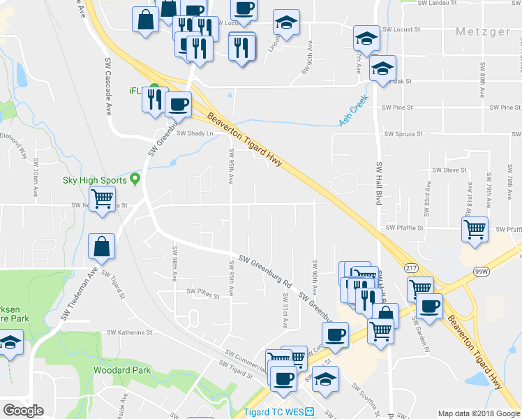 map of restaurants, bars, coffee shops, grocery stores, and more near 9322 Southwest North Dakota Street in Portland