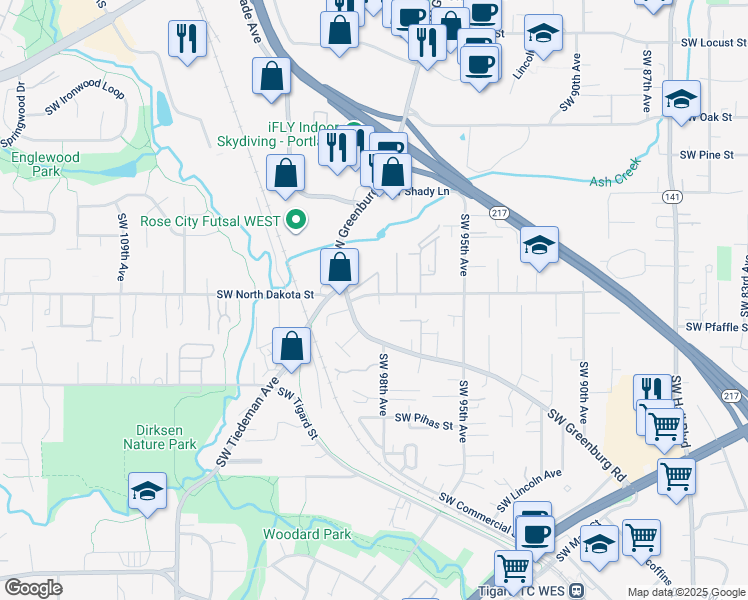 map of restaurants, bars, coffee shops, grocery stores, and more near 11200 Southwest Greenburg Road in Portland