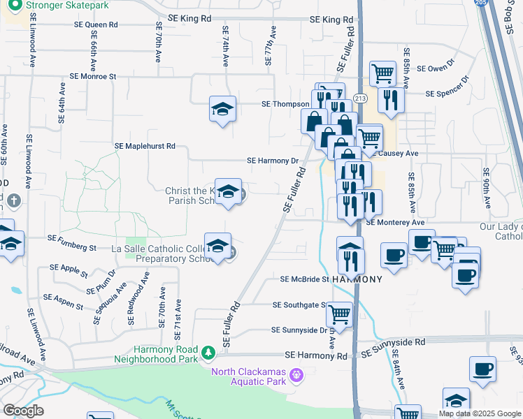 map of restaurants, bars, coffee shops, grocery stores, and more near 7688 Southeast Michael Drive in Portland