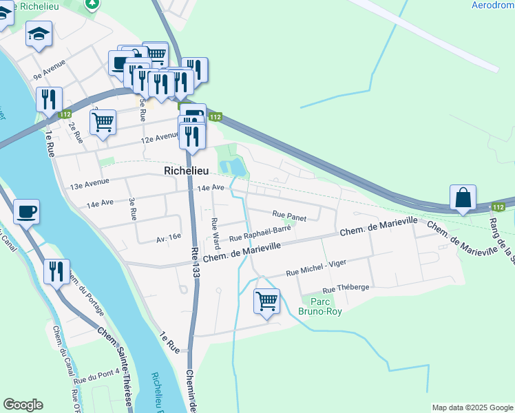 map of restaurants, bars, coffee shops, grocery stores, and more near 704 Rue Panet in Richelieu