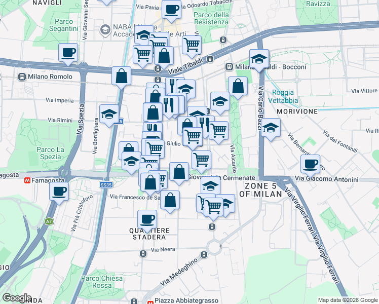 map of restaurants, bars, coffee shops, grocery stores, and more near 27 Via Giulio Carcano in Milan