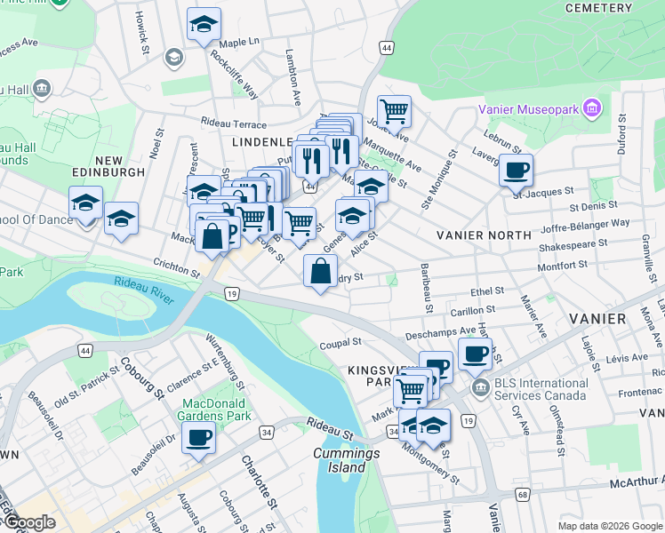 map of restaurants, bars, coffee shops, grocery stores, and more near 101 Alice Street in Ottawa