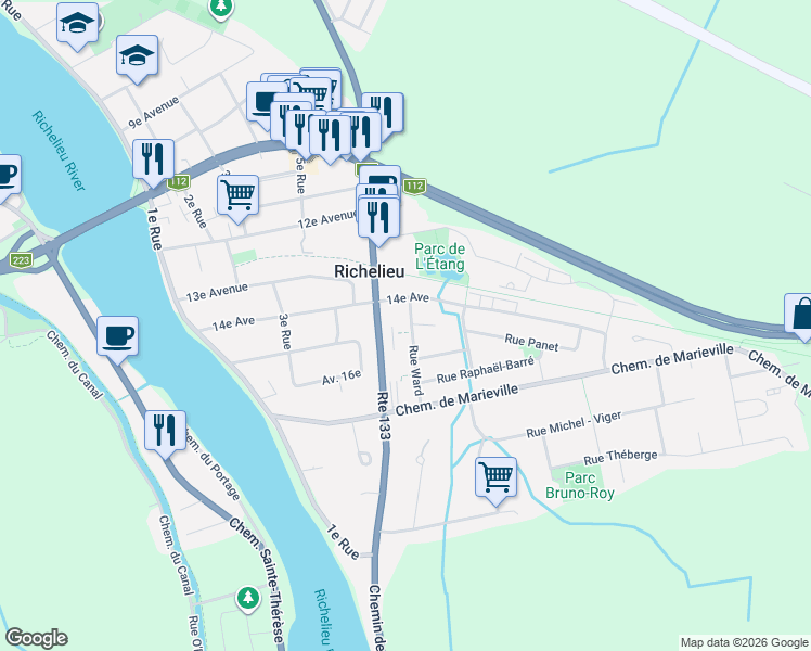 map of restaurants, bars, coffee shops, grocery stores, and more near 1427 Rue Ward in Richelieu